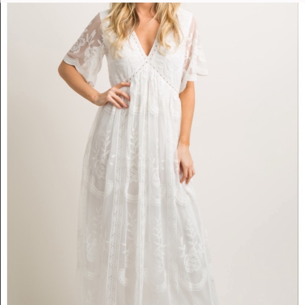 Ivory Pink Blush Lace Maxi Dress